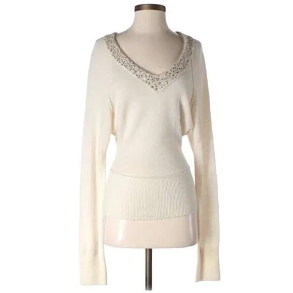 Vintage Free People Sequin V-Neck Cream Knit Sweater | Luxe Boho Soft Girl Y2K S - Picture 11 of 15